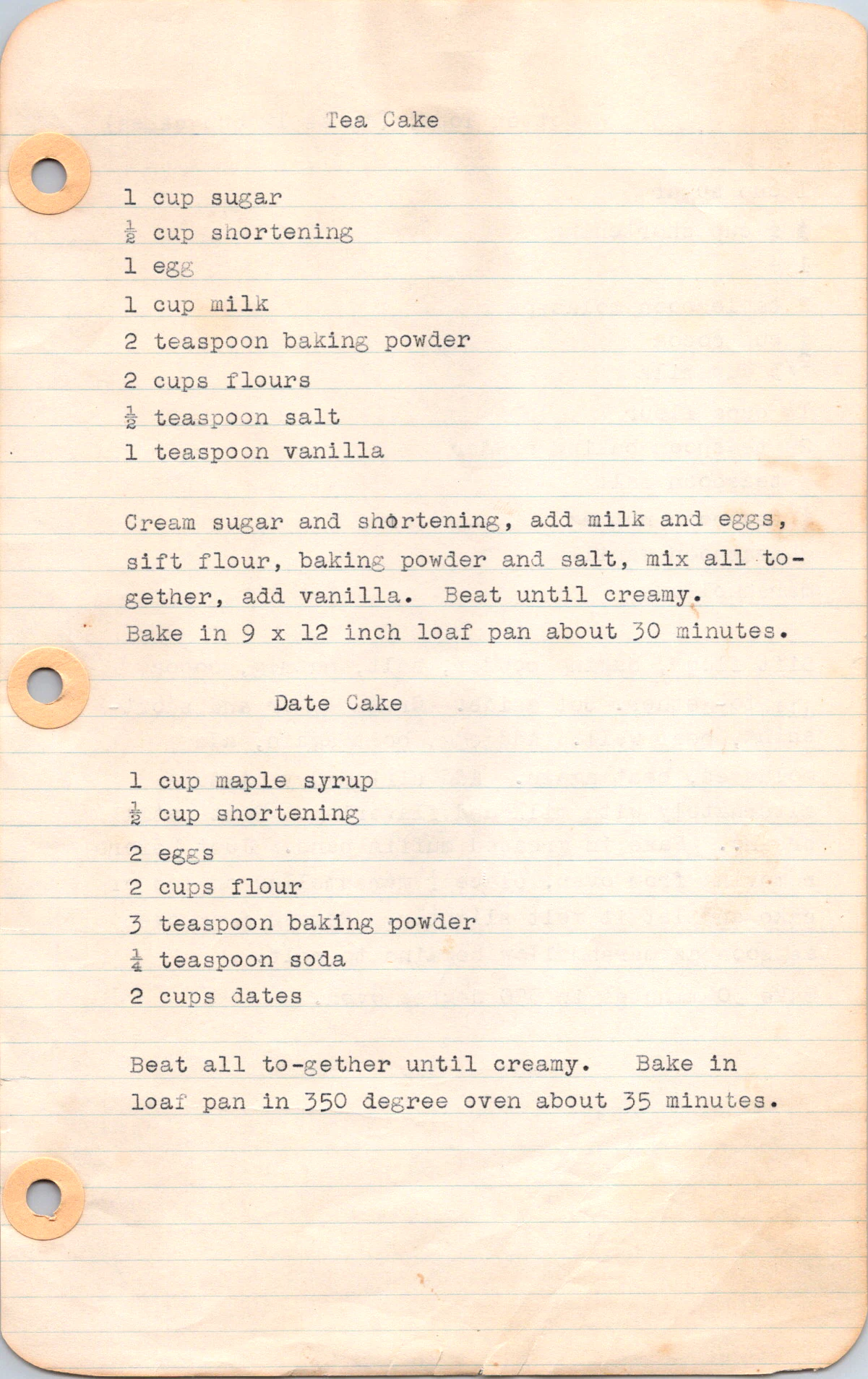 Original recipe card for Date Cake